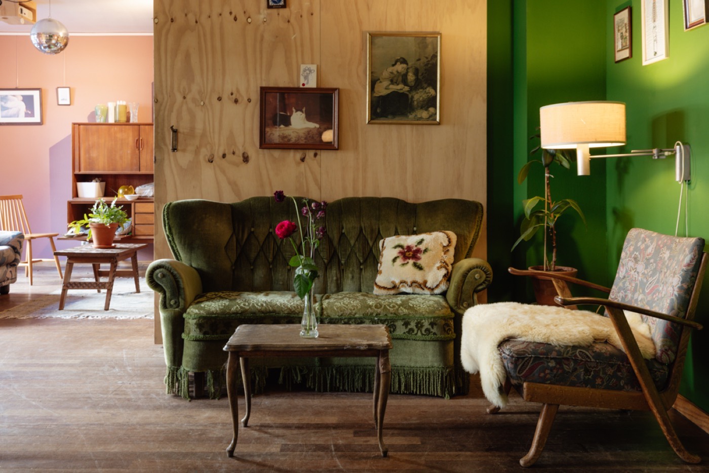 Vintage lounge with a green velvet sofa